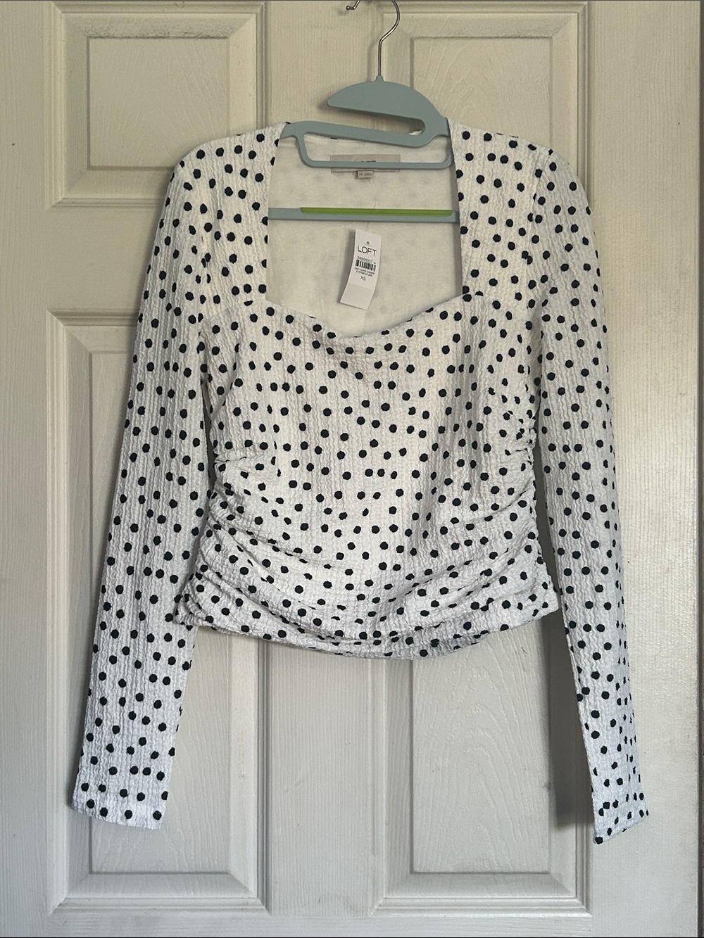 NWT LOFT ruched sides square neck long sleeve polka dot textured top size XS
